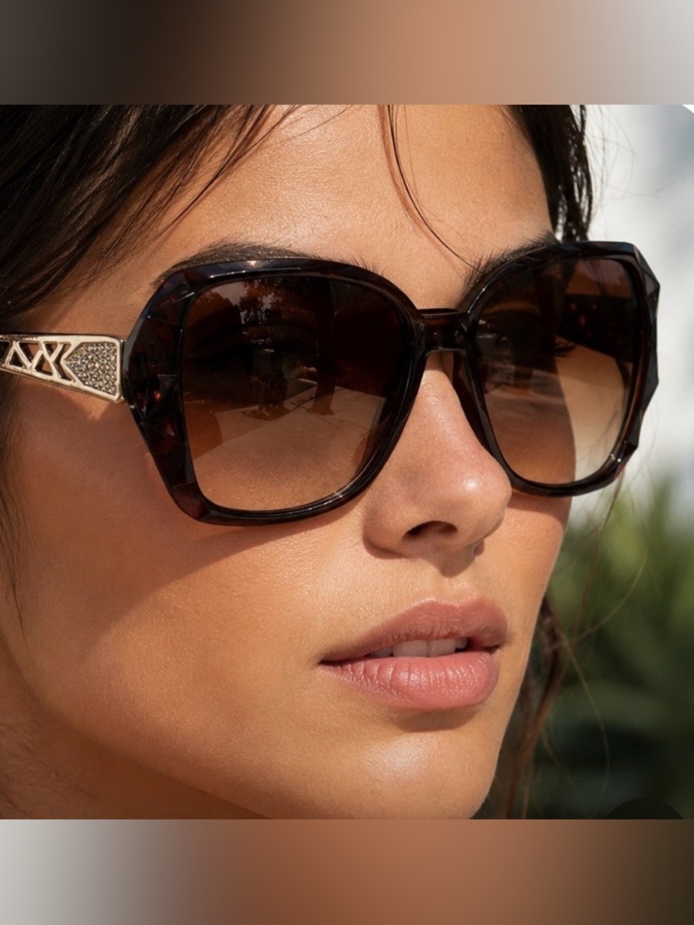 ✨ Glam Faceted Brown Gradient Sunglasses | Rhinestone Accent | Statement Shades